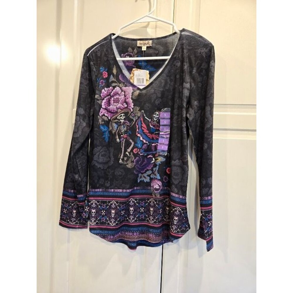 One World Halloween Long Sleeve Skeleton & Floral Print Tunic Top - Womens Small